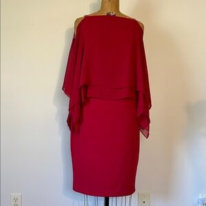 SLNY formal Dress with Layered Cape in Vibrant Red.